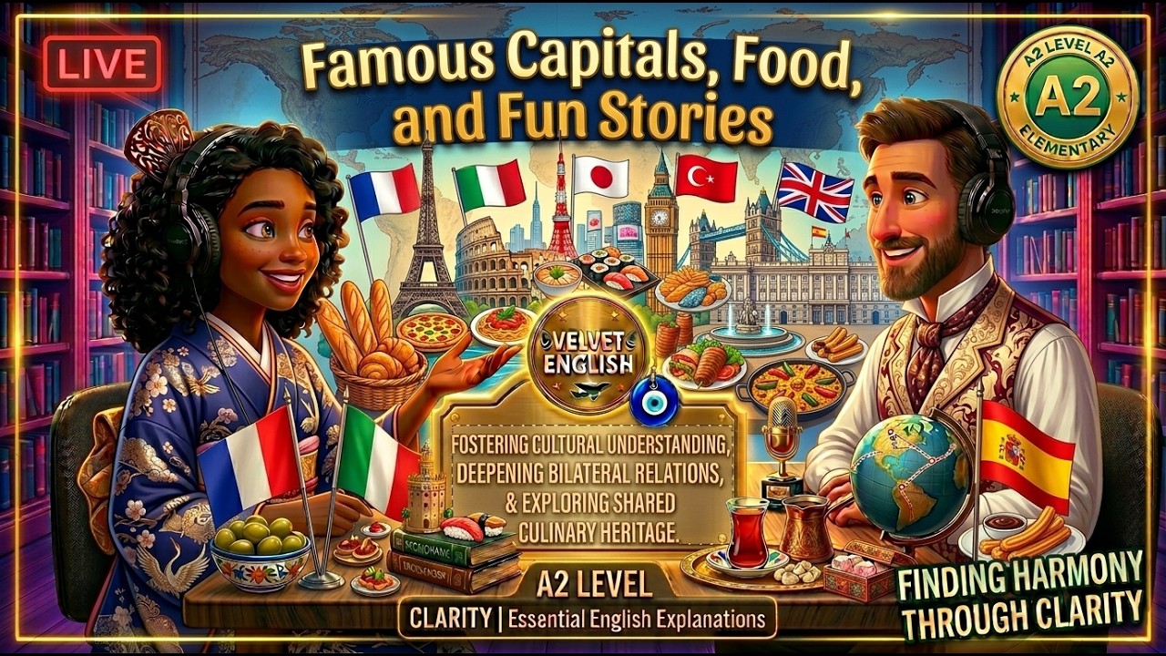 Famous Capitals, Food, and Fun Stories | A2 Slow English Podcast 🇫🇷🇮🇹🇯🇵🇹🇷🇬🇧🇪🇸