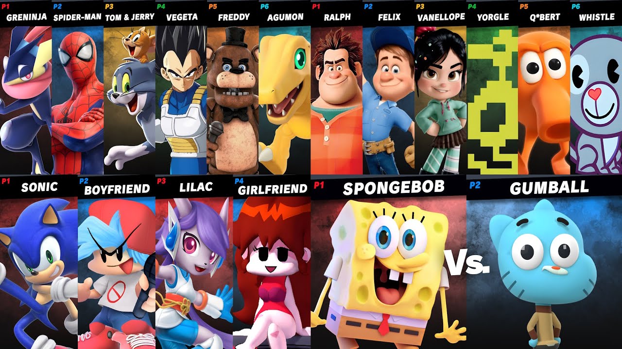Sonic vs Mario vs SpongeBob vs Gumball vs Spiderman vs Vegeta vs Tom | Super Smash Bros