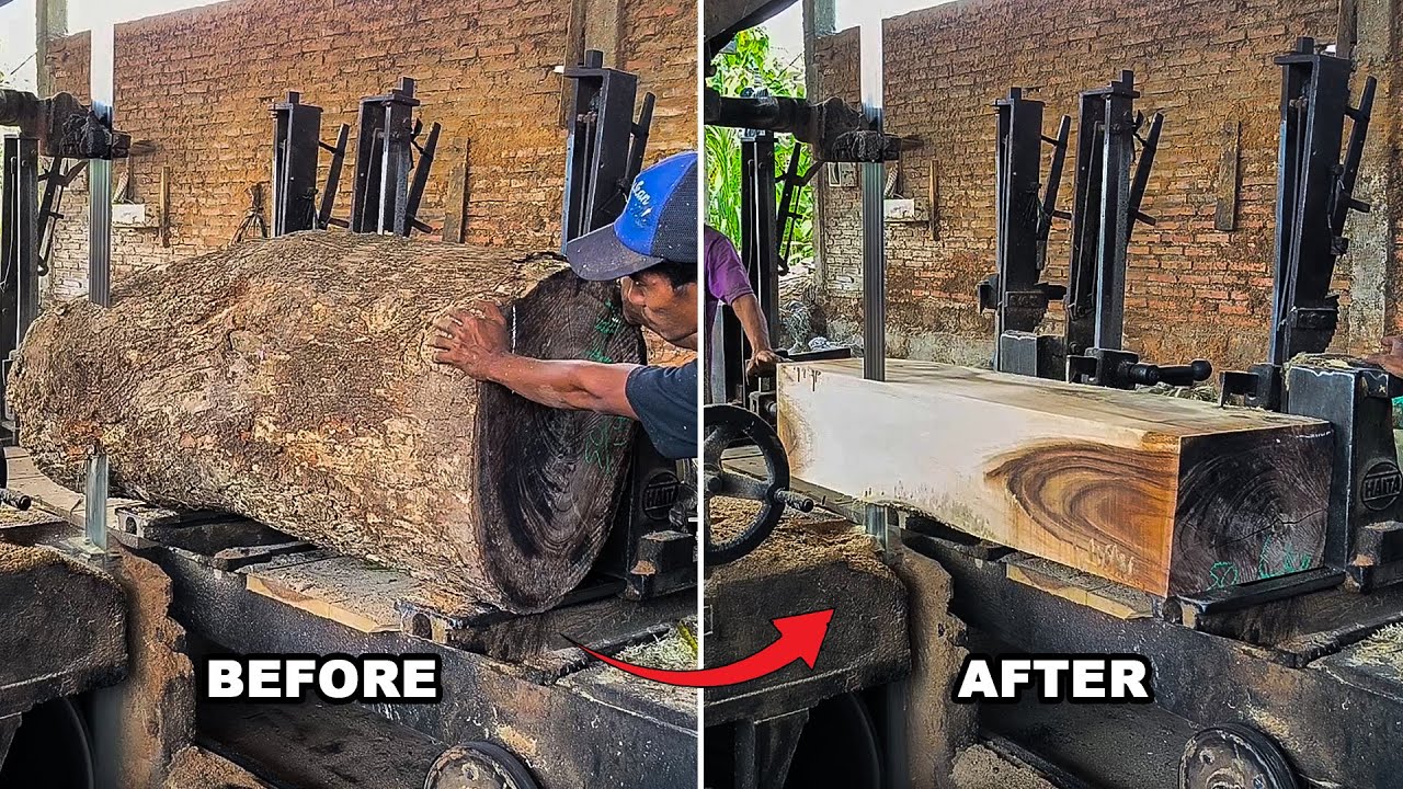 Sawmill Workers Splitting Huge Logs into Rectangular Beams Without Automatic Machines