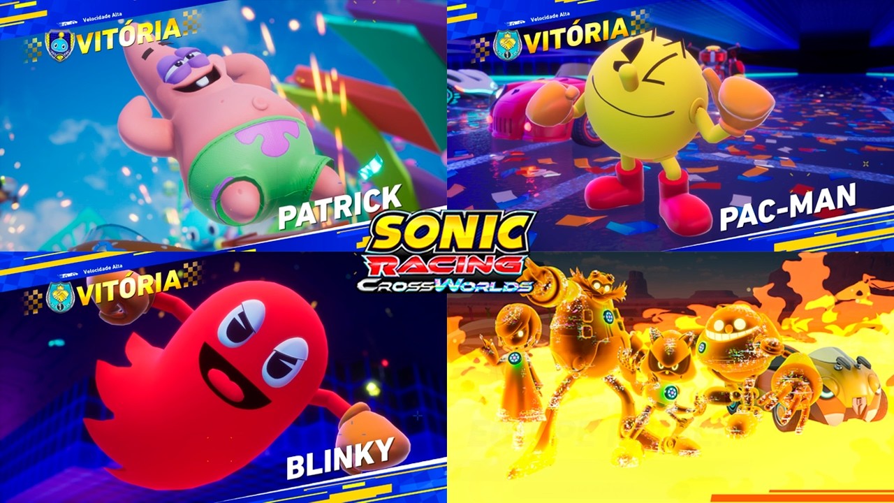 Patrick, Pac-Man e Blinky contra o Team Eggman e seu carro maravilhoso - Sonic Racing Crossworlds