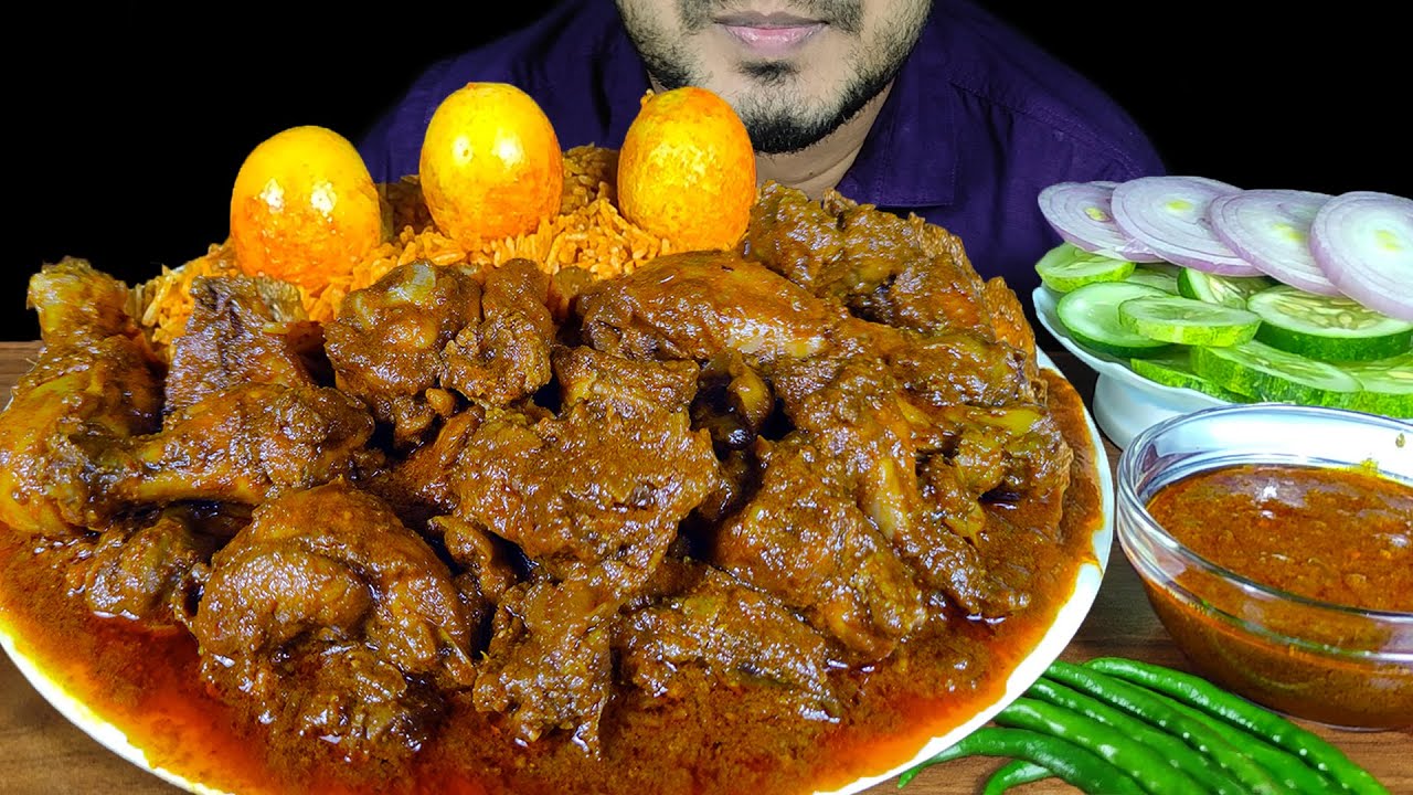 EATING EGG BIRYANI WITH SPICY CHICKEN CURRY, CHILI, ONION | MUKBANG EATING SHOW | EATING SOUNDS