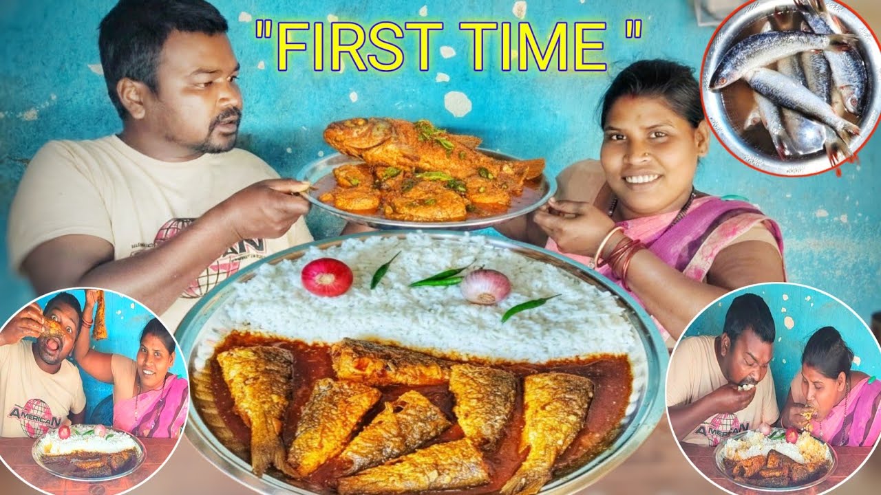💥 VILLAGE FIRST TIME 🎣 Big Fish Curry Recipe by Ramesh | GIANT THALI Fish Curry Eating Challenge 🍚🔥