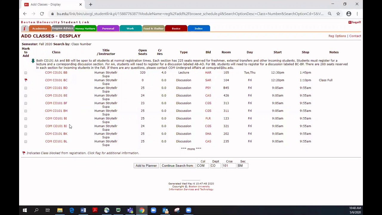 BU COM - First-Year, Domestic Student Registration - Fall 2021