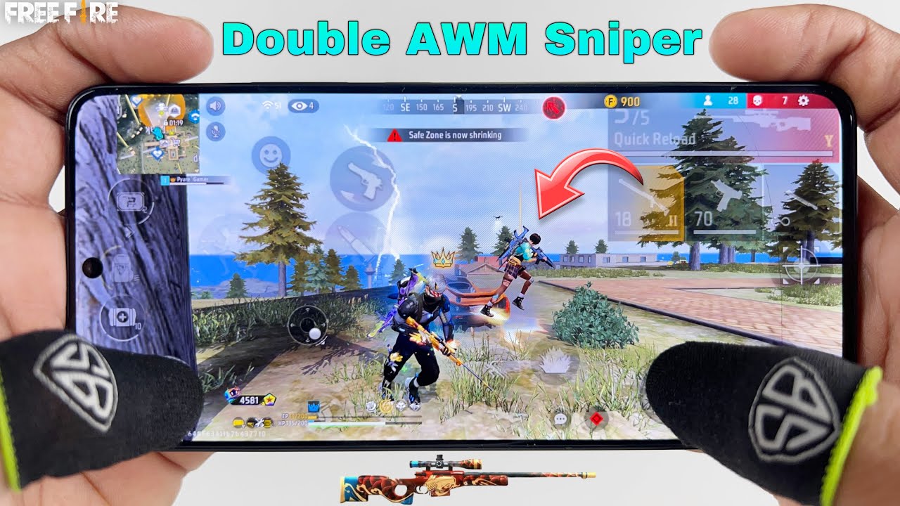 Double AWM sniper gameplay free fire with 2 finger claw handcam