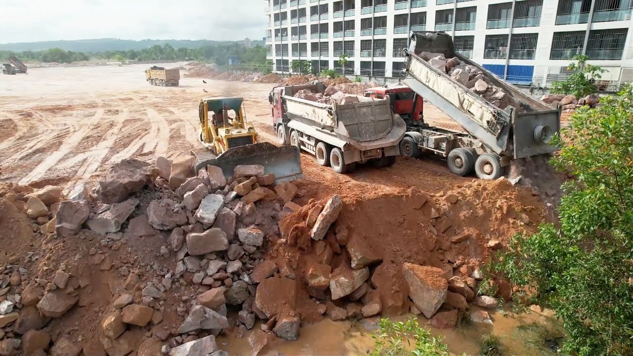 Amazing Activities Big Land Reclamation Process With Power Komatsu Dozer Moving Stones Forward