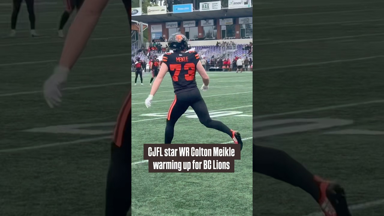 CJFL star WR Colton Meikle warming up for BC Lions during preseason opener