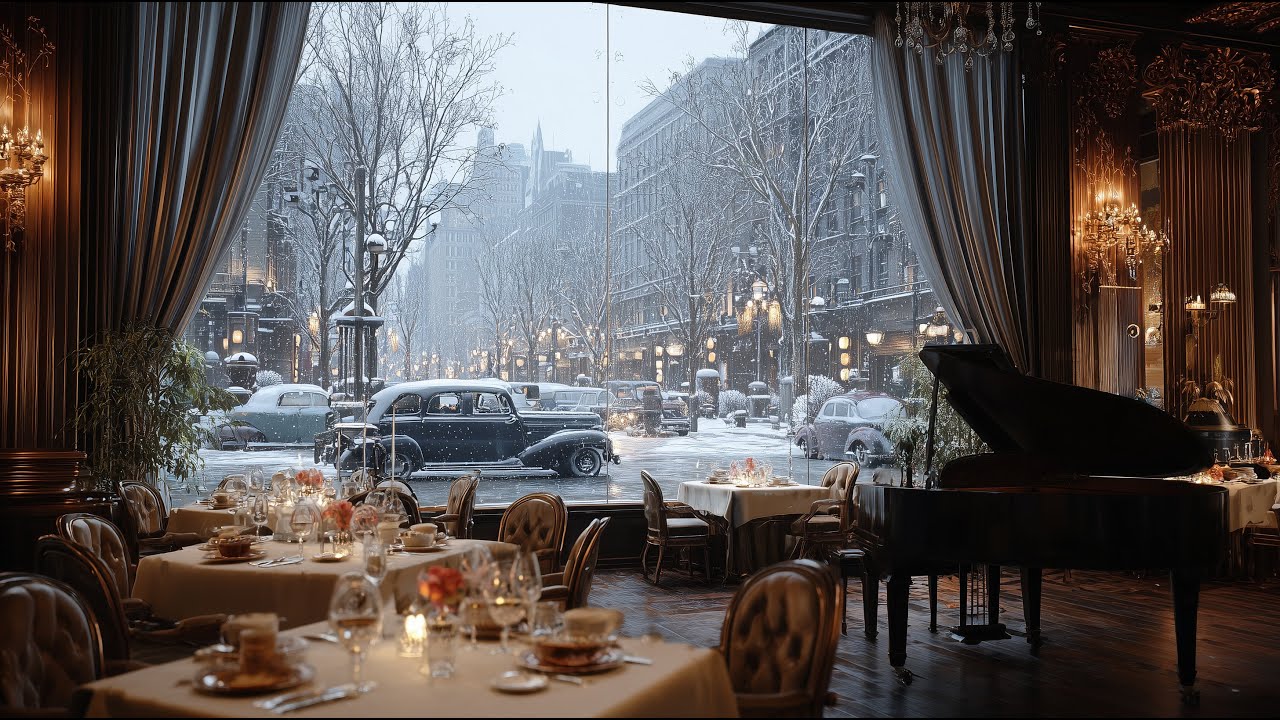 4K Vintage Jazz Cafe ❄️ Luxury 1950s American Swing | Snowy Night Retro Vibes