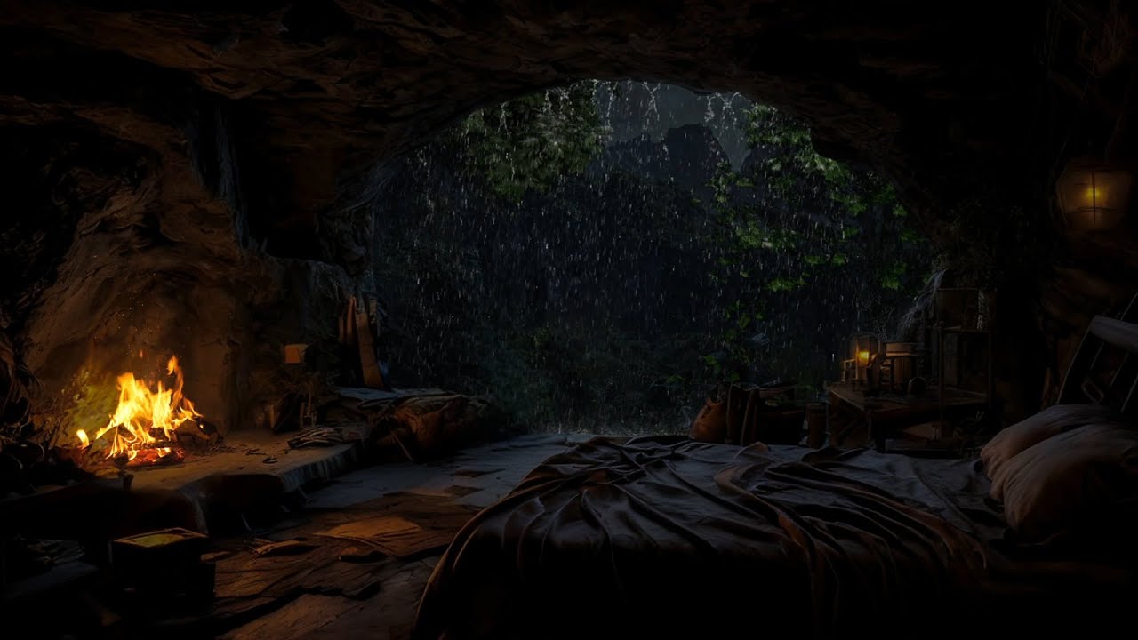 1 Day Rainy Cave Survival – Cozy Campfire & Rain Sounds for Relaxing Sleep and Nature Immersion🌧️🔥