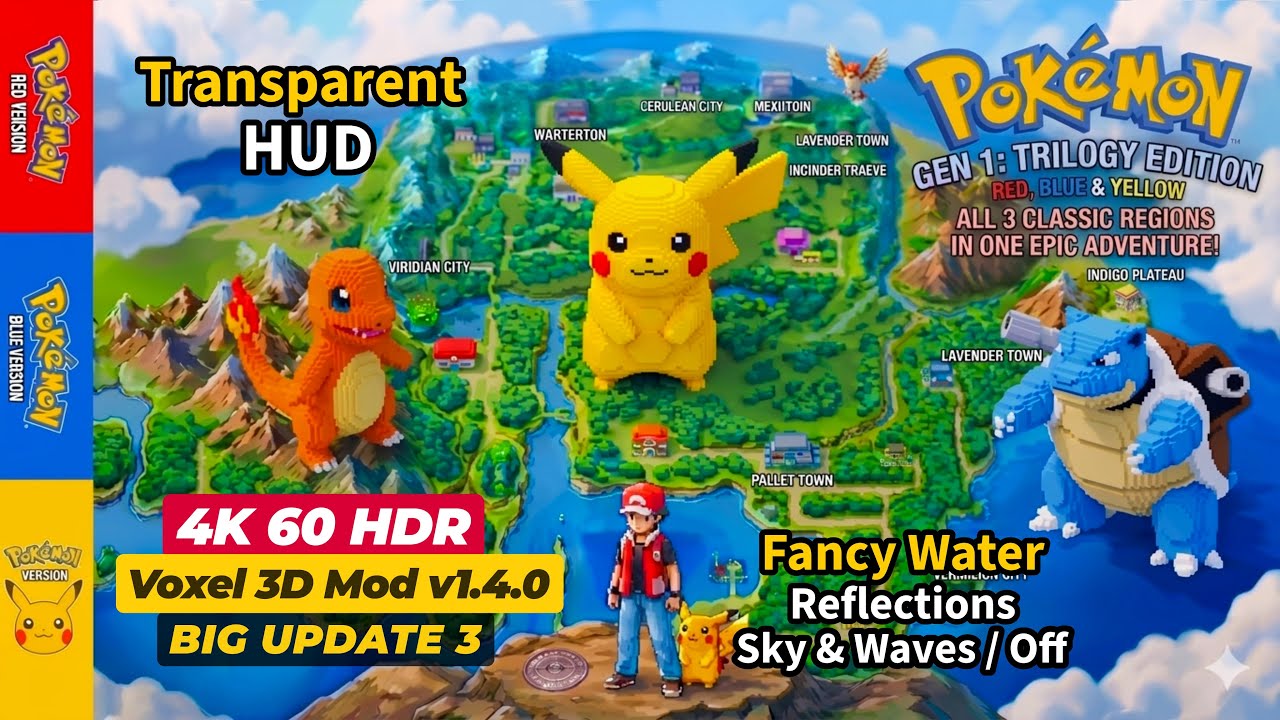 Pokemon Red, Blue & Yellow | 4K HDR | 60FPS | Voxel 3D Mod v1.4.1 | Big Update 3 | PC Port v0.1.56