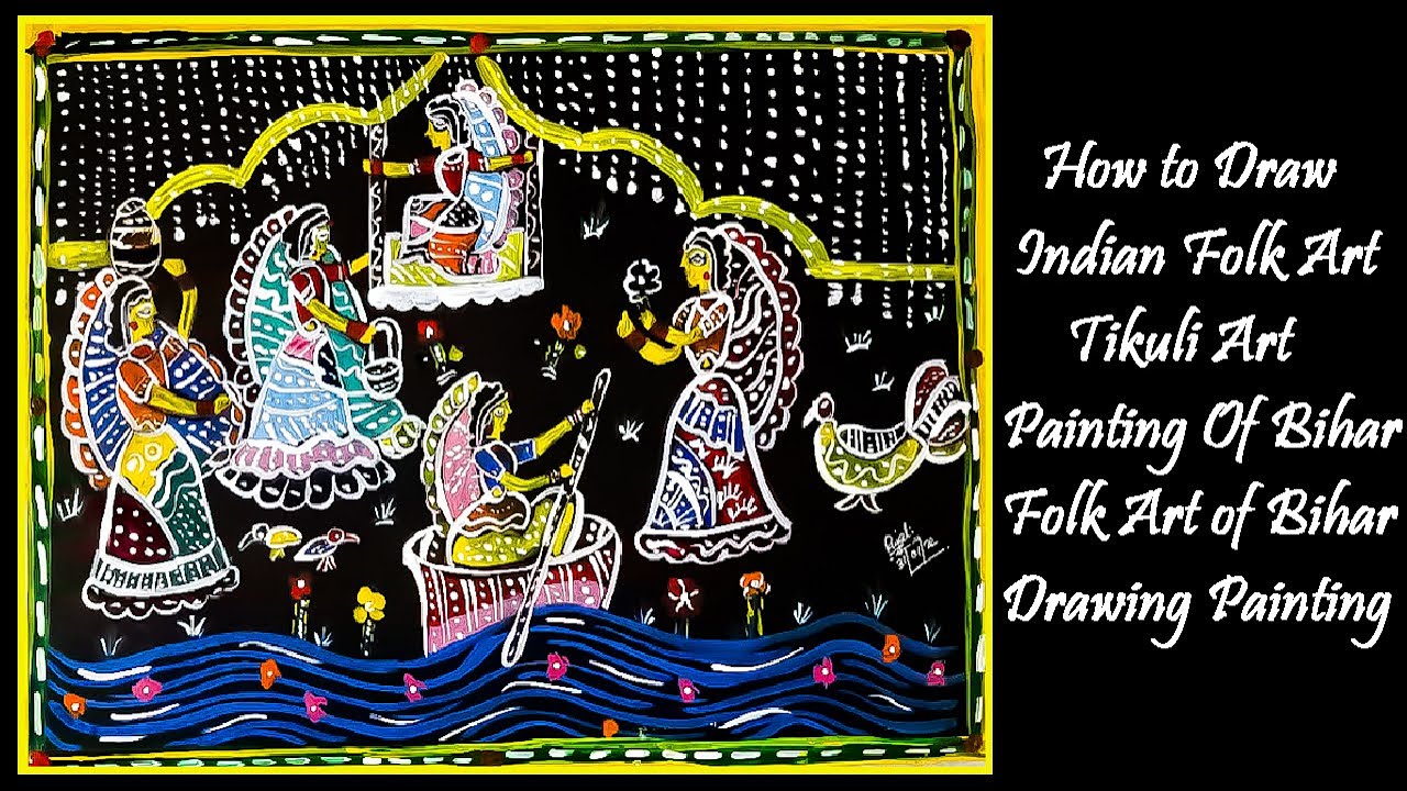 How to Draw Indian Folk Art Tikuli Art Painting Of Bihar Folk Art of Bihar Drawing Painting