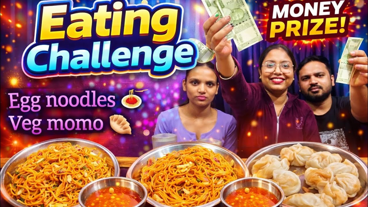 Egg Noodles 🍝 Veg Steamed Momo 🥟 Eating challenge//Jija Saali with Sister. #eggnoddles #vegmomos 