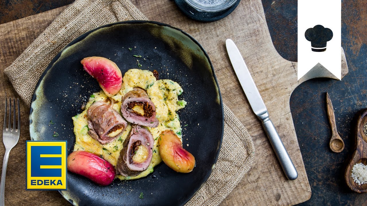 Involtini Rezept I Italienische Schnitzelröllchen mit Pfirsichen und cremiger Polenta I EDEKA