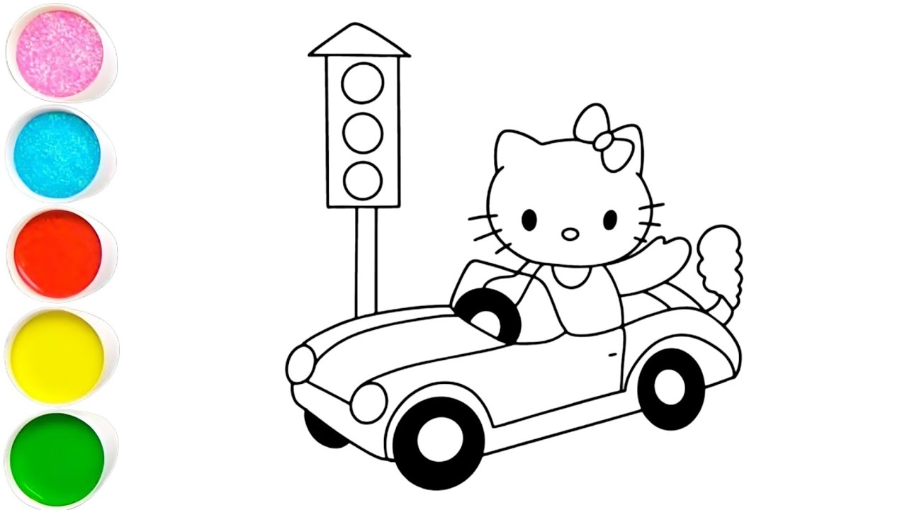 Hello kitty driving a car drawing painting and colouring for kids and toddlers 