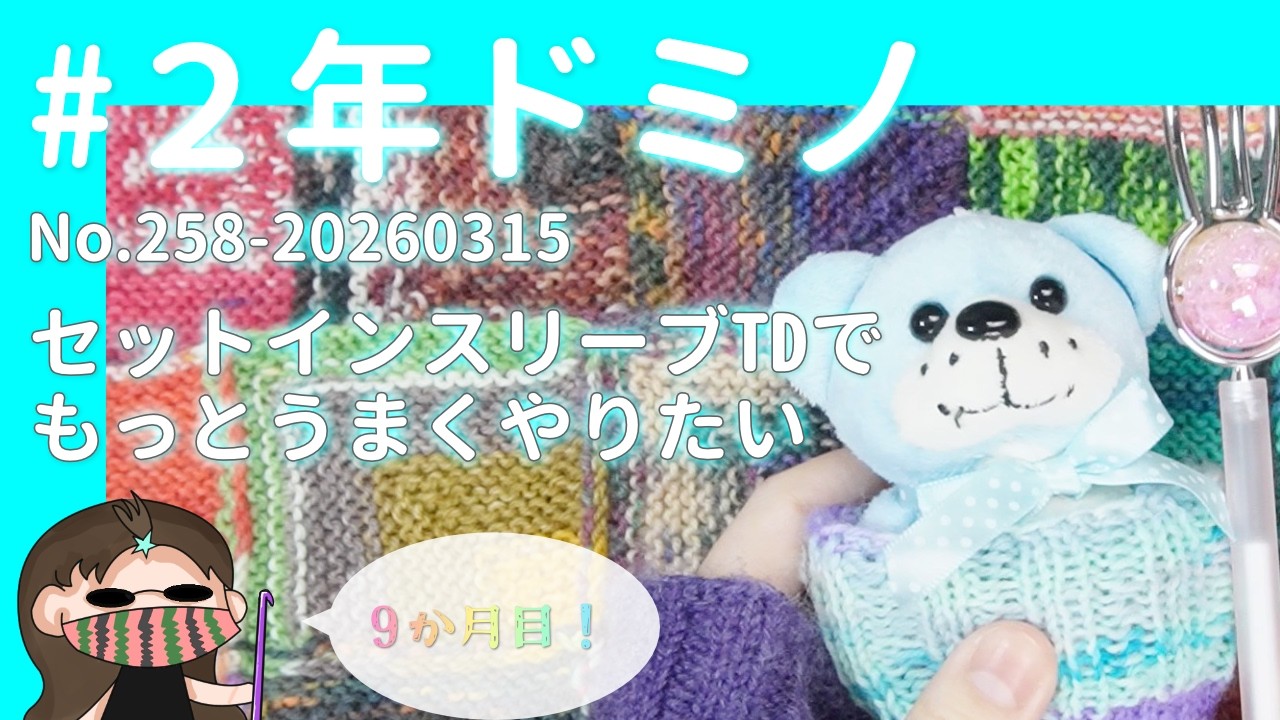 【258#2年ドミノ】3月15日ドミノ編み←セットインスリーブをトップダウンでもっとうまくやりたい