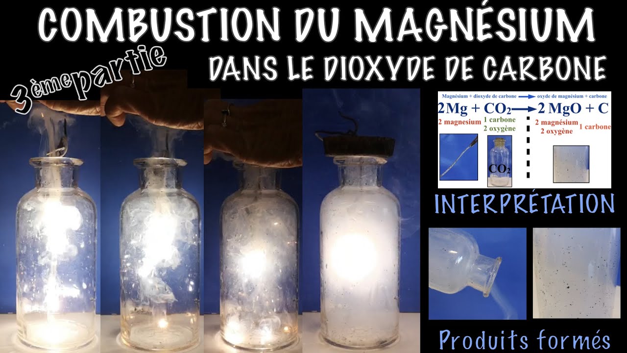 Combustion du magn&eacute;sium dans le dioxyde de carbone. Exp&eacute;rience. Equation bilan de la r&eacute;action. Cours