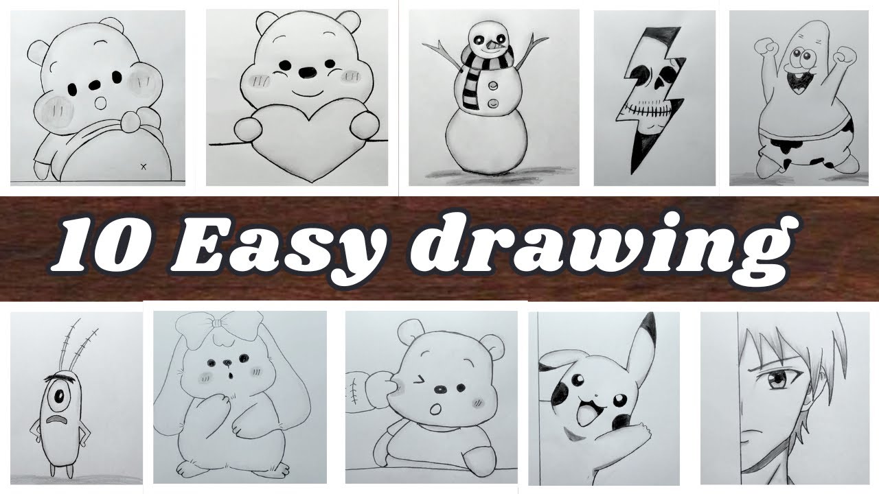 10 Easy drawing for beginners | Cartoon Sketch | Pikachu | Winnie the Pooh | Anime | Skeleton sketch