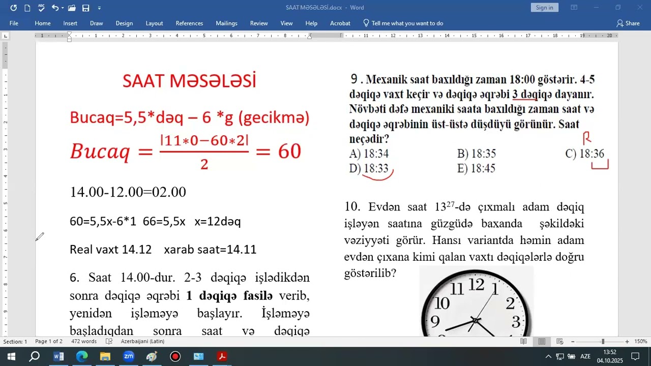 Saat məsələləri (qəbula düşmüş bütün suallar)