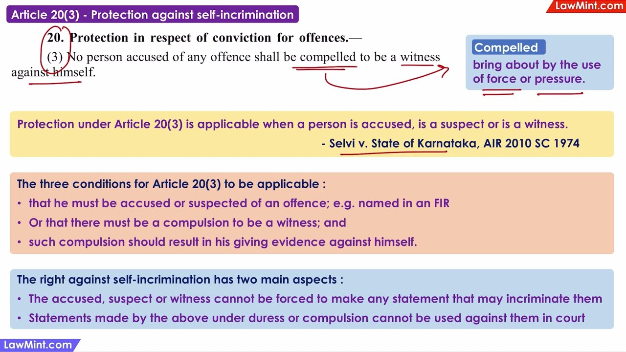 Article 20(3) Protection against self incrimination Constitutional Law LLB