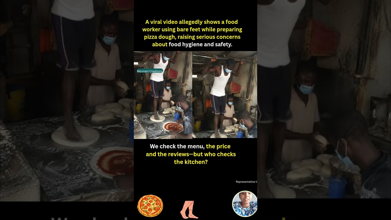 A viral video allegedly shows a food worker using bare feet while preparing pizza dough