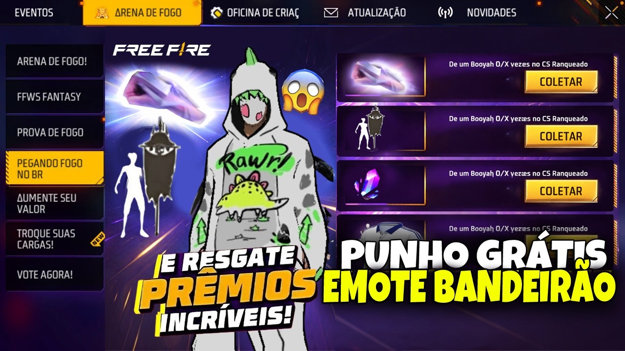 FINALMENTE!! TODOS VÃO PODER PEGAR ESSE PUNHO? EMOTE BANDEIRÃO, DINO 2D DE VOLTA - FREE FIRE