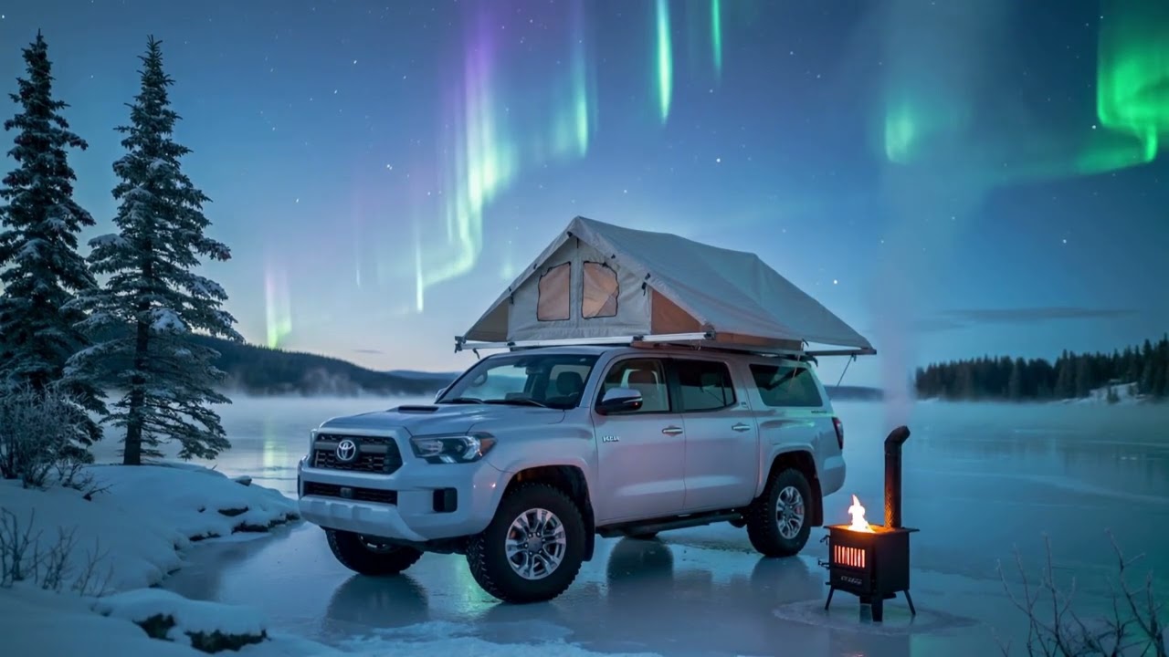 A Silent Night in the Forest by a Lake with Northern Lights