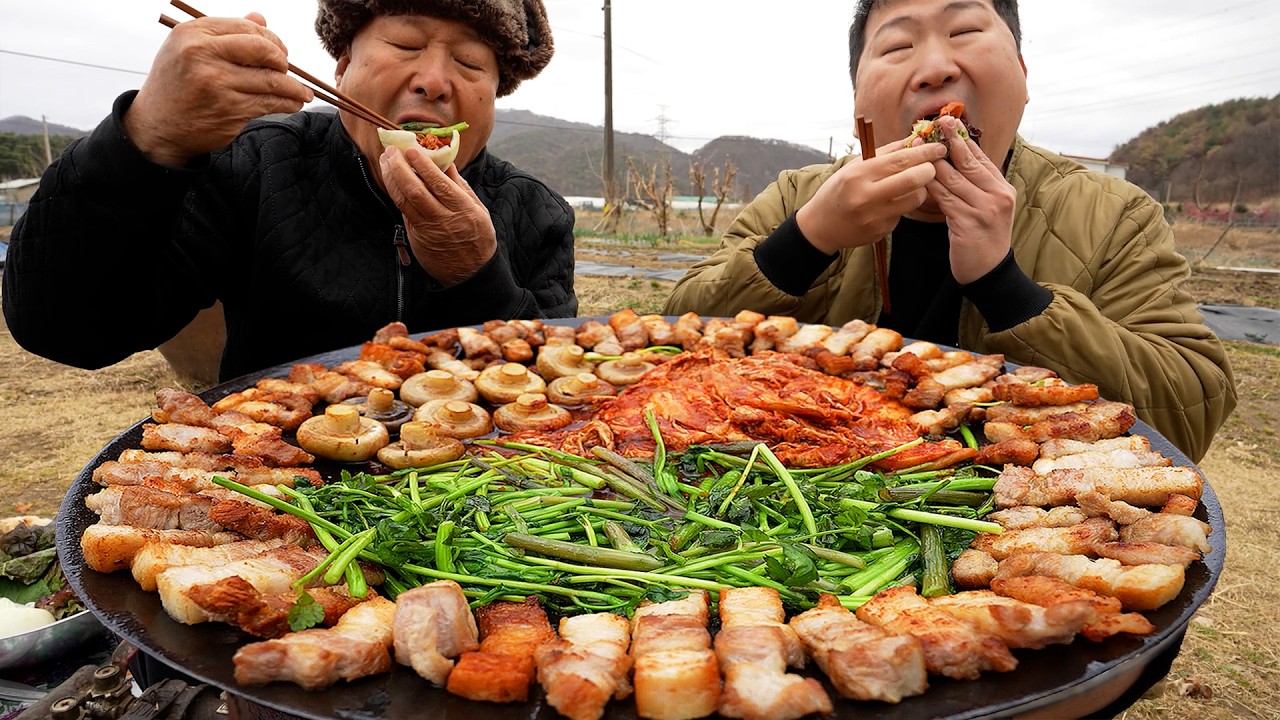 Сезонная хрустящая минари с самгёпсалем на крышке котла - Mukbang шоу еды