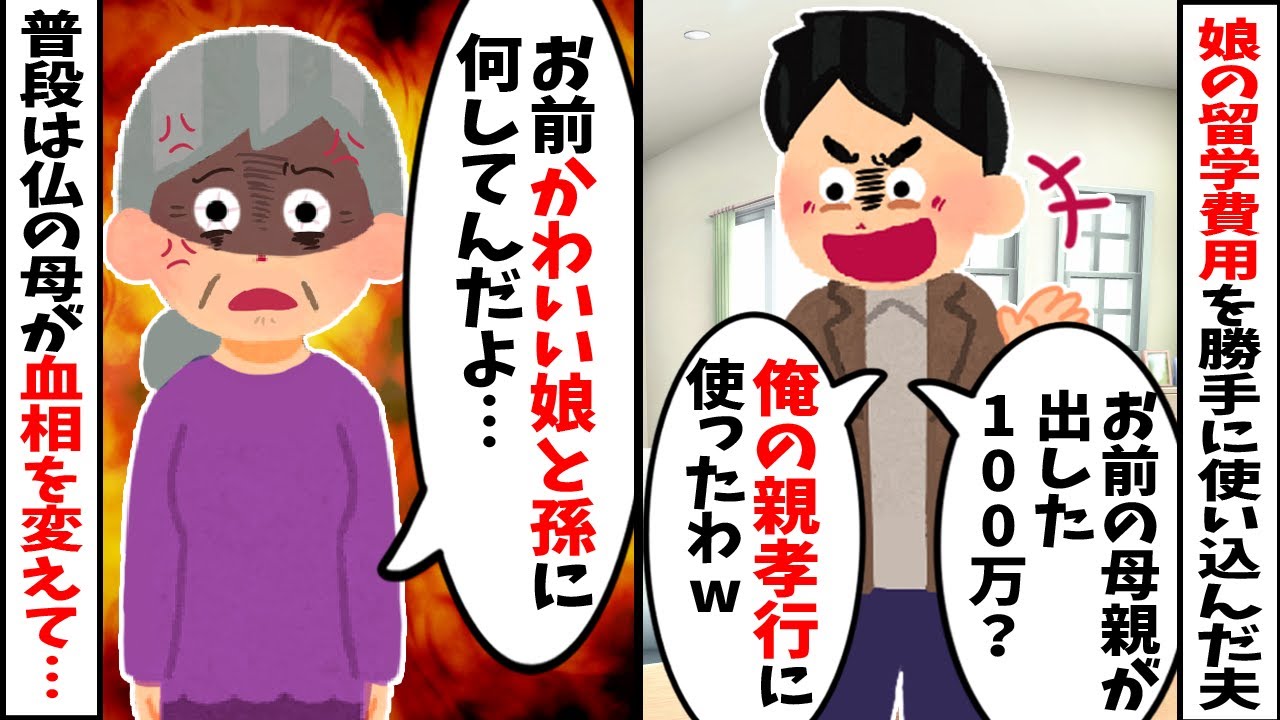 【2chスカッと】娘の留学費用として私の母が援助してくれた100万を夫が勝手に使い込み「俺の親孝行に使った。平等だろ！」→普段は仏の母が血相を変えて我が家に乗り込んできた結果…w