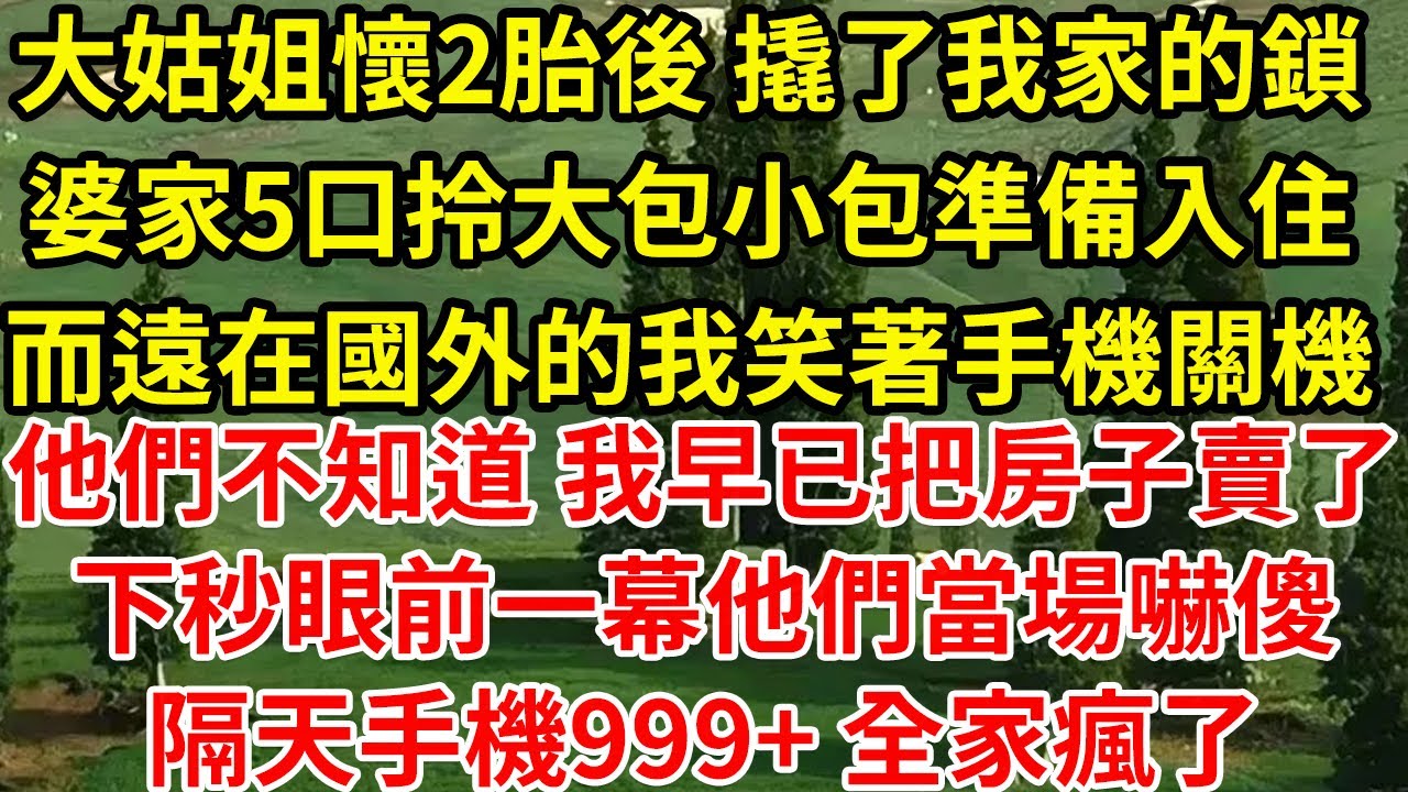 大姑姐懷2胎後 撬了我家的鎖，婆家5口拎大包小包準備入住，而遠在國外的我笑著手機關機，他們不知道 我早已把房子賣了，下秒眼前一幕他們當場嚇傻，隔天手機999+ 全家瘋了#為人處世#養老#中年