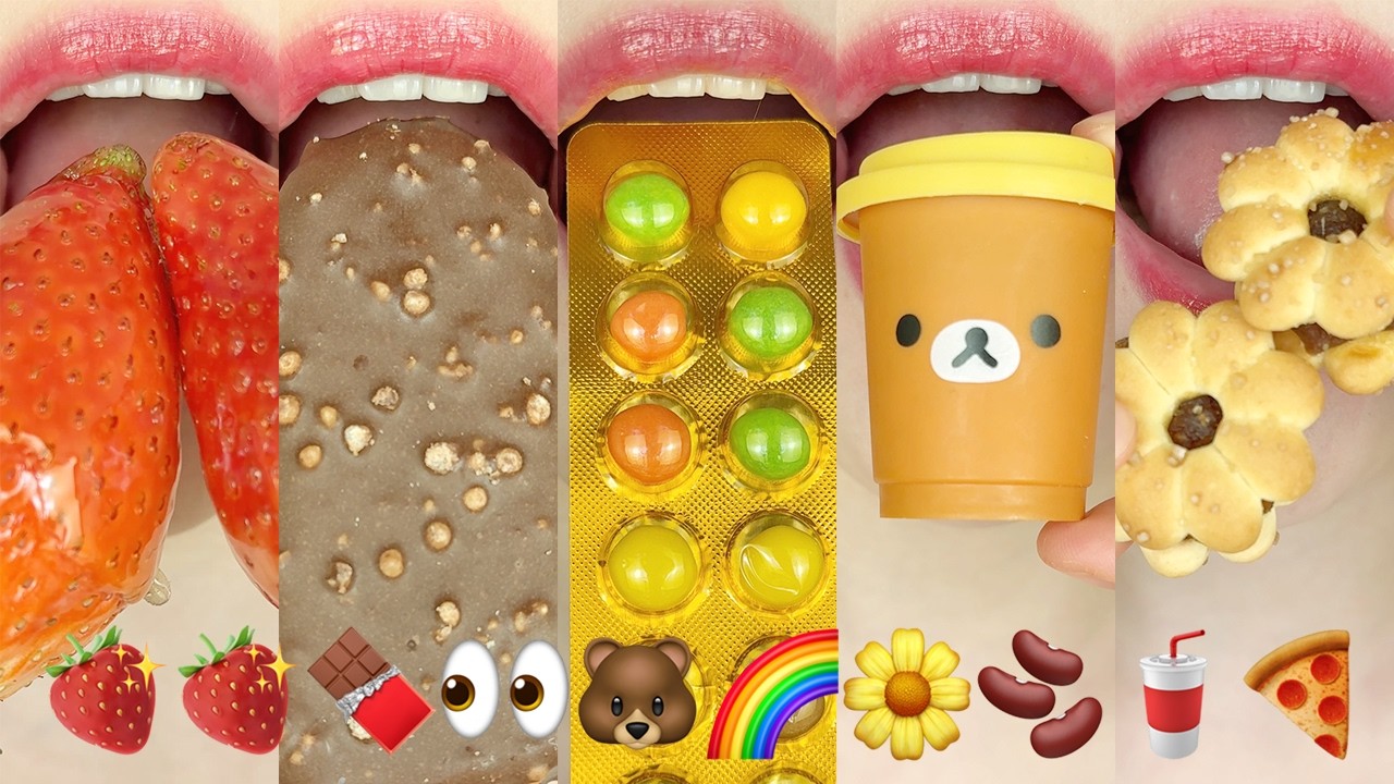 asmr EMOJI FOOD 🍓🍓🍫👀🐻🌈🌼🫘🥤🍕 이모지 먹방 eating sounds