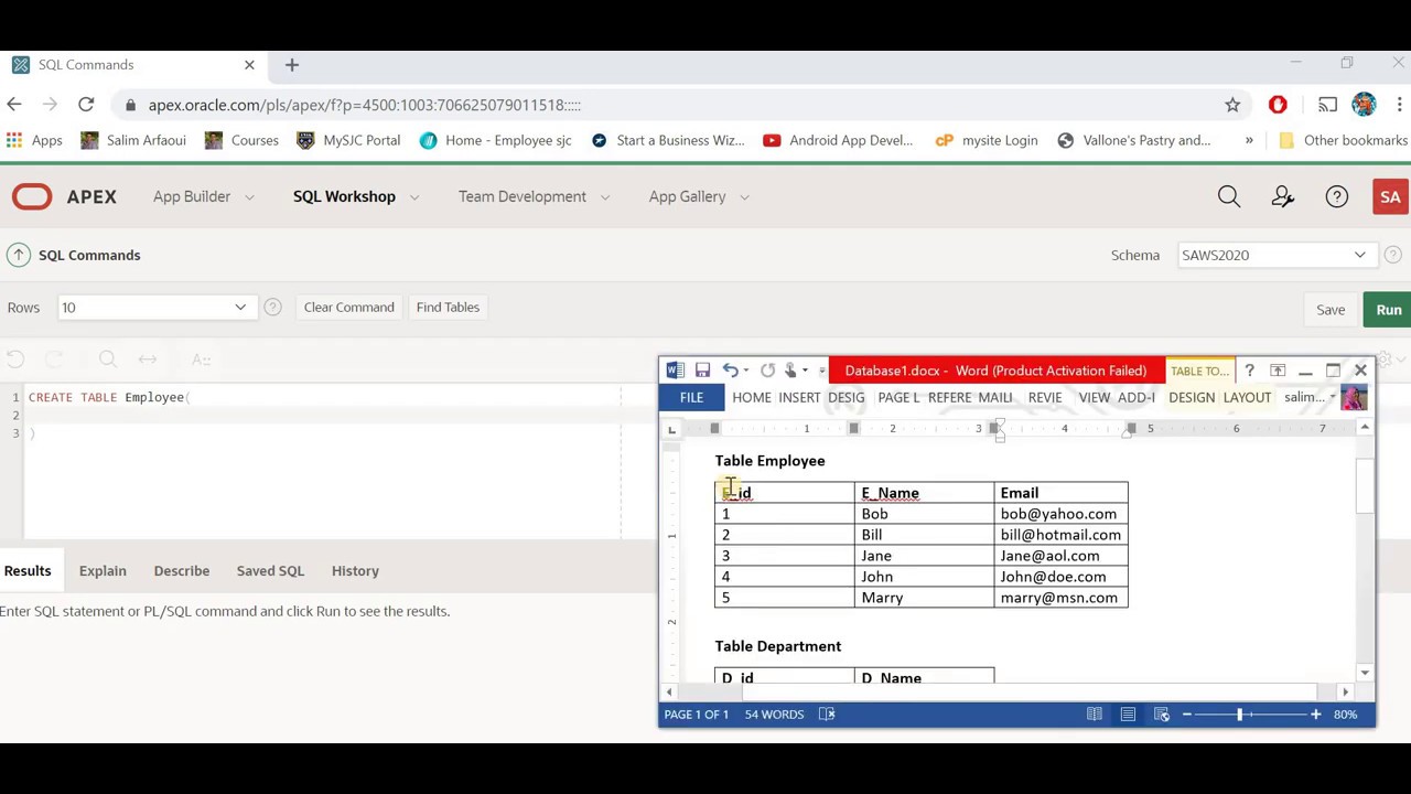 APEX Oracle SQL Create Tables