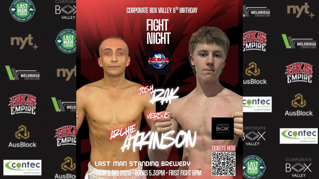 Josh Rak (5 Star Fight and Fitness) v Archie Atkinson (Noosa Thai Boxing) 3x2 min rounds Muay Thai