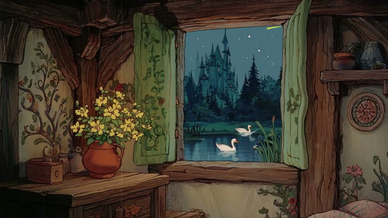 Cozy Room on a Dreamy Night with Disney Oldies Playing in Another Room for Relaxation