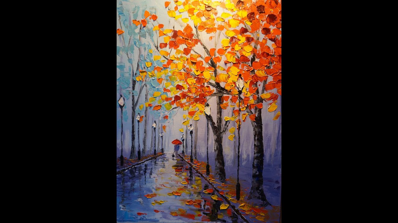 How to paint fall, park, a trees with palette knife