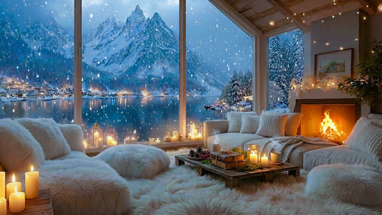 Warm Winter Cabin by the Lake ❄️ Soft Piano Music & Crackling Fireplace Sounds for Sleep & Focus