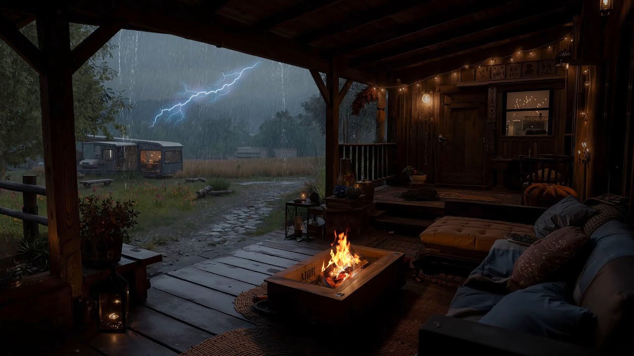 NO ADS | Cozy Balcony in the Rain 🌧️🔥 Relaxing Fireplace Sounds & Farm Rain for Deep Sleep