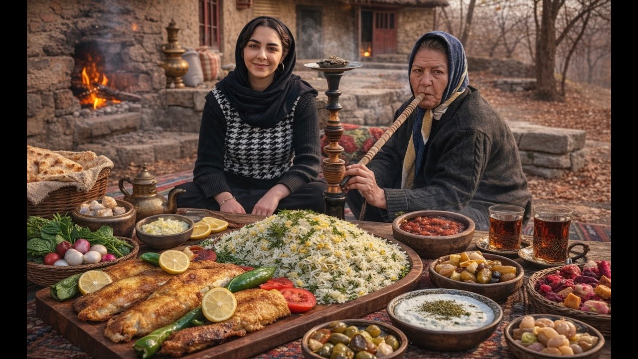 Village Life : Cooking Sabzi Polo with Fish on a Snowy Winter Day