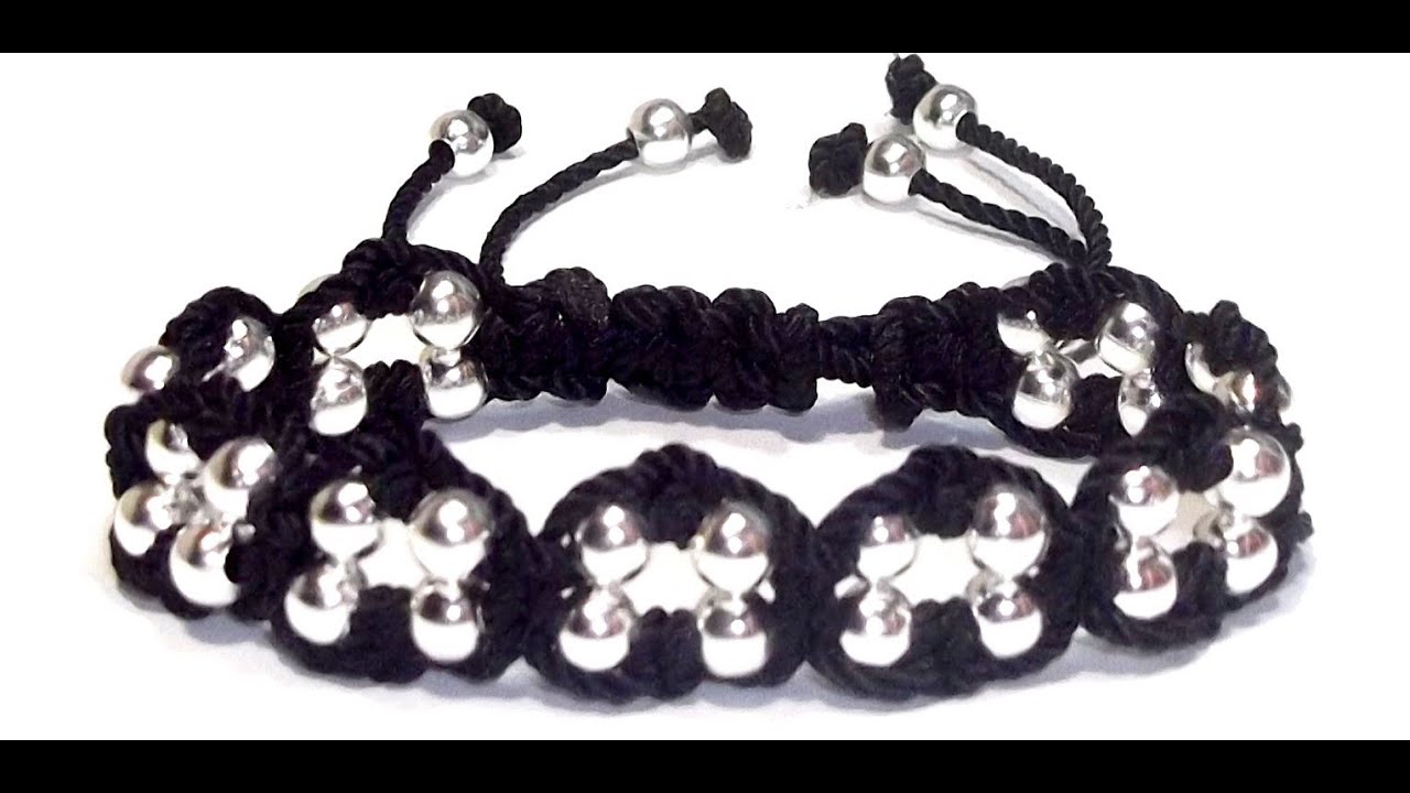 TUTORIAL DIY COMO HACER UNA PULSERA AJUSTABLE DE MACRAME CON DOS FILAS DE CUENTAS PLATEADAS