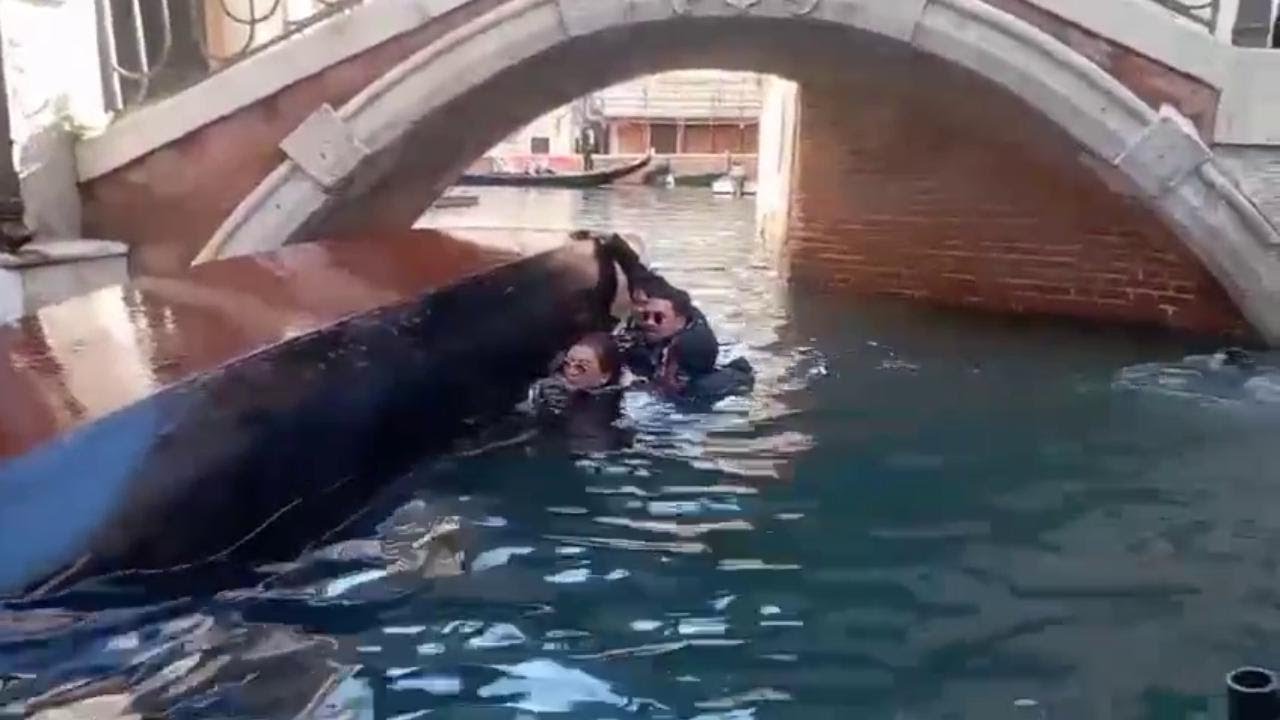La gondola rovesciata a Venezia, qui i turisti in ammollo
