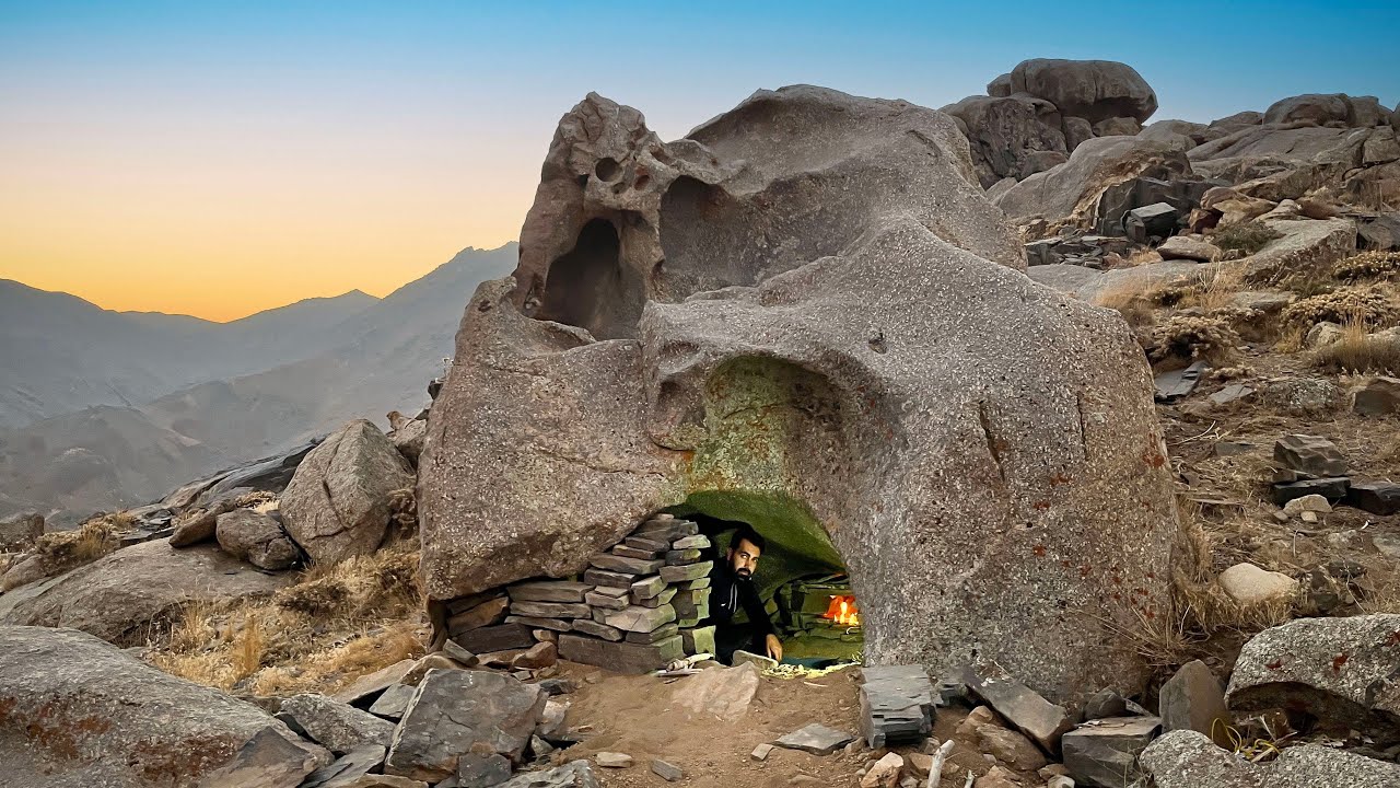 Building a Secret Shelter Inside a Huge Rock | From Cold Stone to Cozy Home | Bushcraft survival