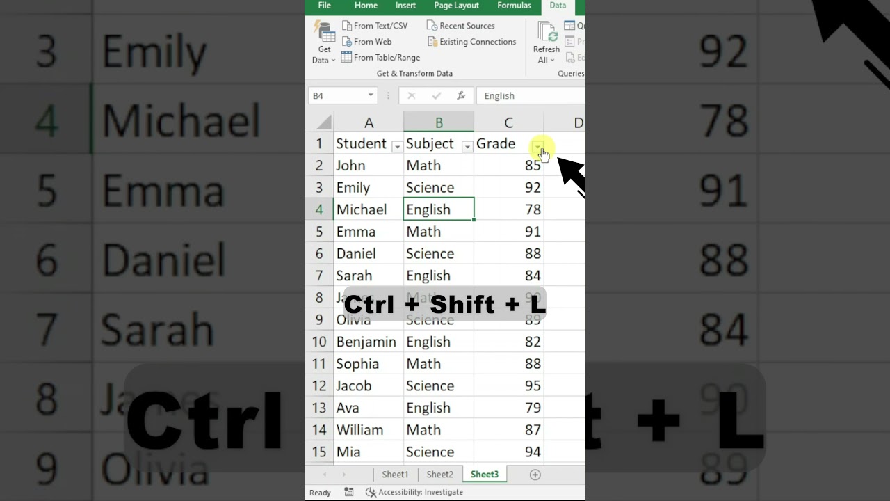5 seconds: Sort Grades Largest to Smallest #exceltips #learnexcel #sortexcel