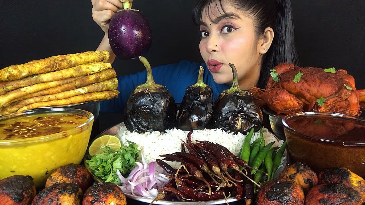 EATING ASMR DAL BHAT SPICY BAIGAN BHARTA EGG GHEE ROAST WHOLE CHICKEN CURRY OMELET | MUKBANG SHOW