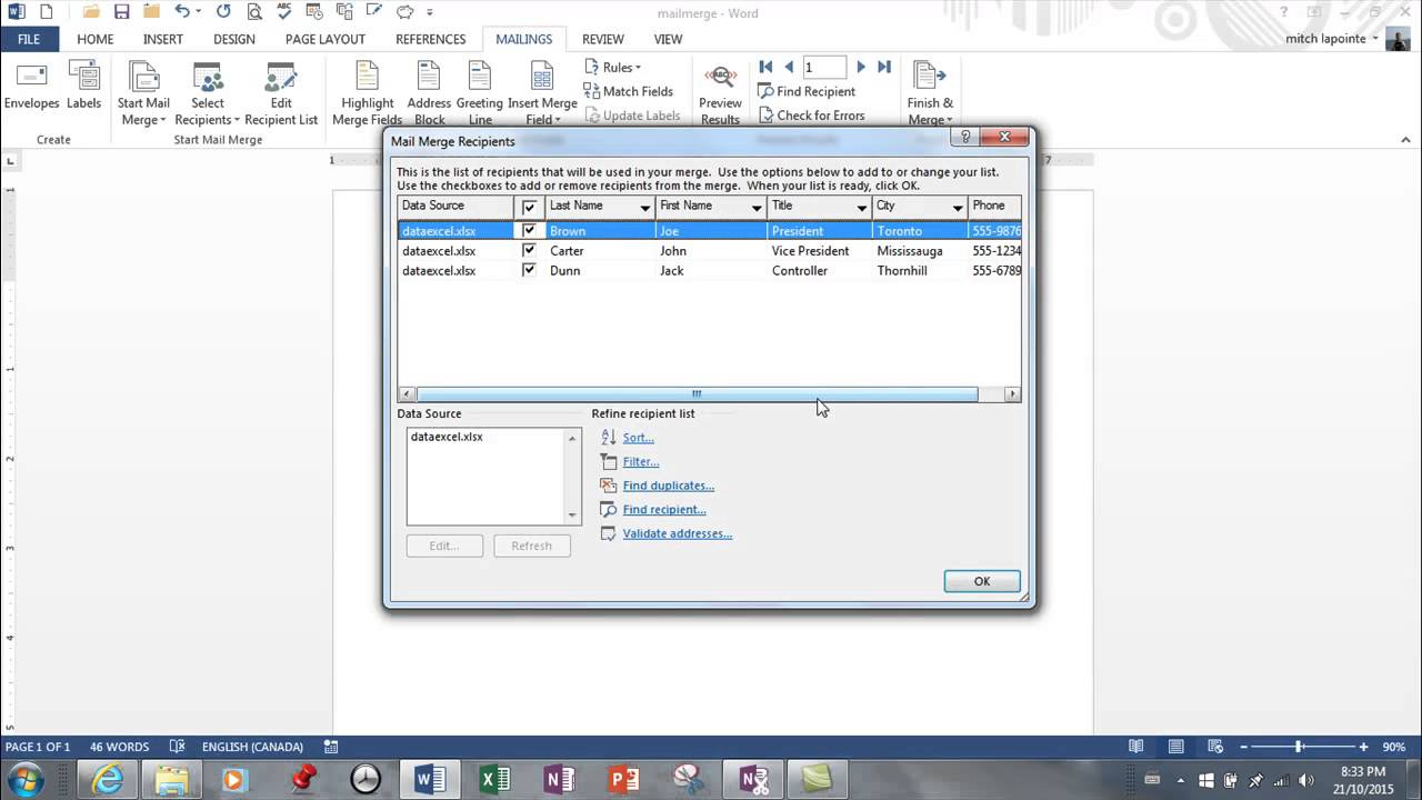 MS Word 2013 - Mail Merge