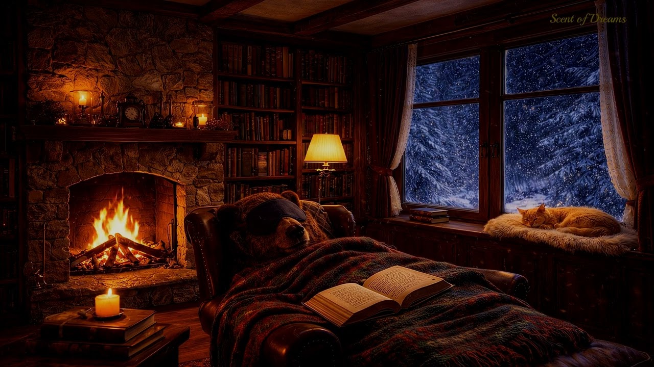 8H Cozy Winter Library • Ember & Bruno | Fireplace Sleep • No Ads