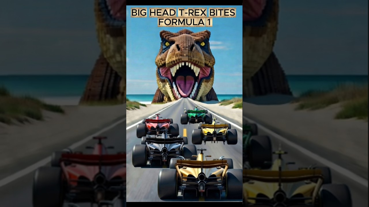 Big Head T-Rex Bites F1 Cars  