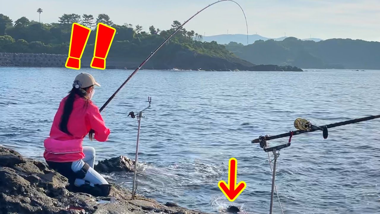 【女の大物釣り】心臓に悪いヒヤヒヤの瞬間😱釣り竿が一瞬で…
