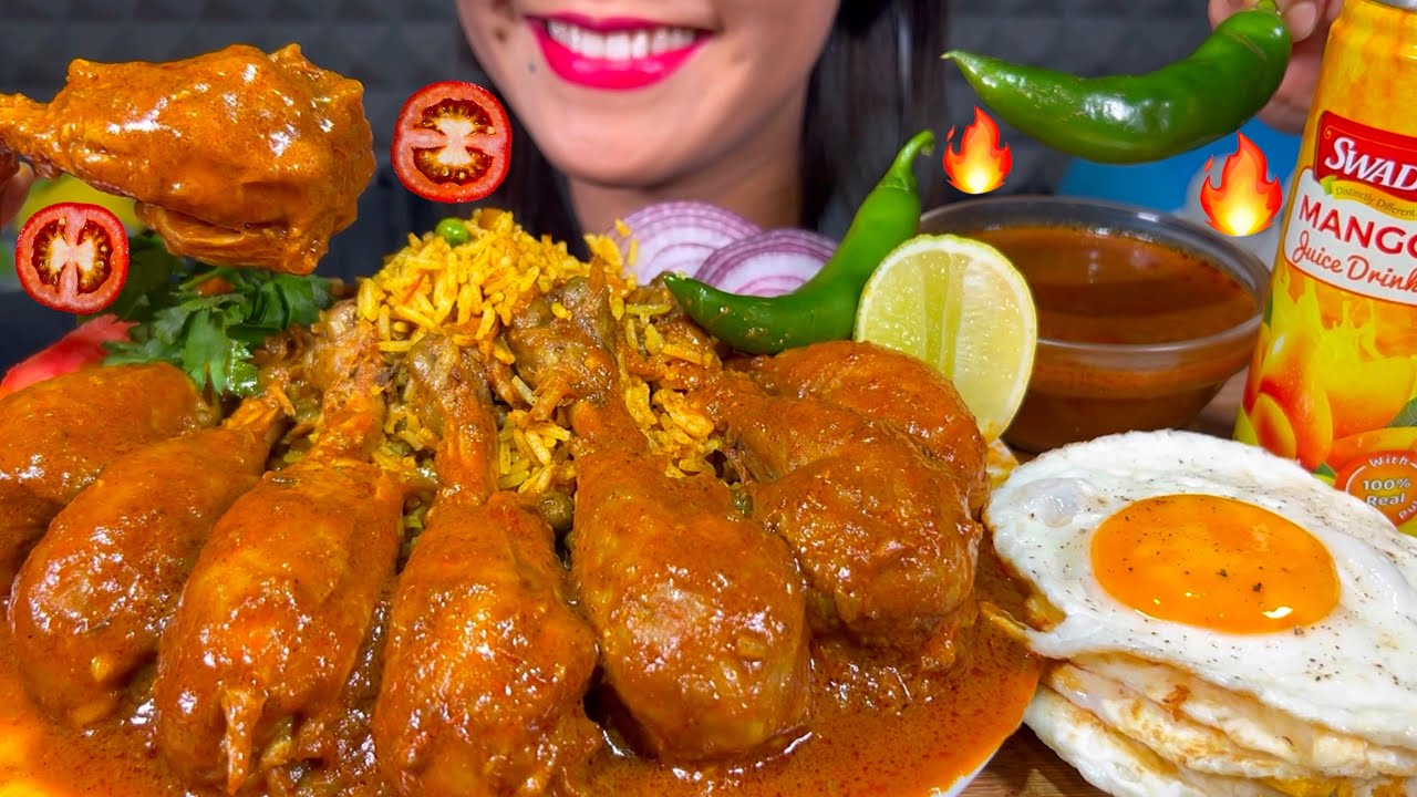ASMR SPICY CHICKEN CURRY, SUNNY SIDE UP EGGS, VEG MASALA RICE, MANGO JUICE MASSIVE Eating Sounds