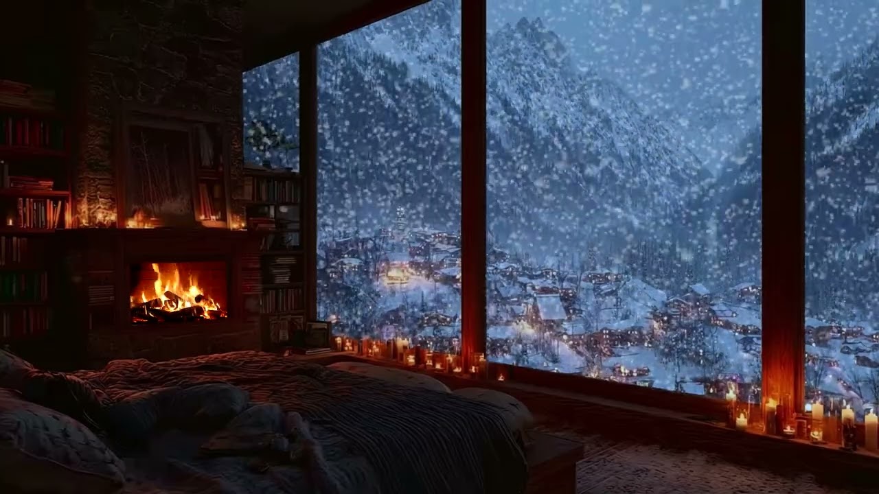 Cozy Winter Cabin Night 🌙 Fireplace Ambience & Soft Snow Sounds for Deep Sleep and Relaxation