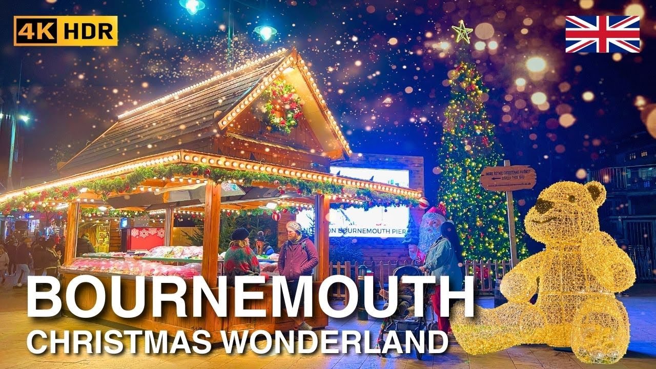 BOURNEMOUTH England Christmas Walking Tour 🇬🇧 | Festive England Town Walk | 4K HDR