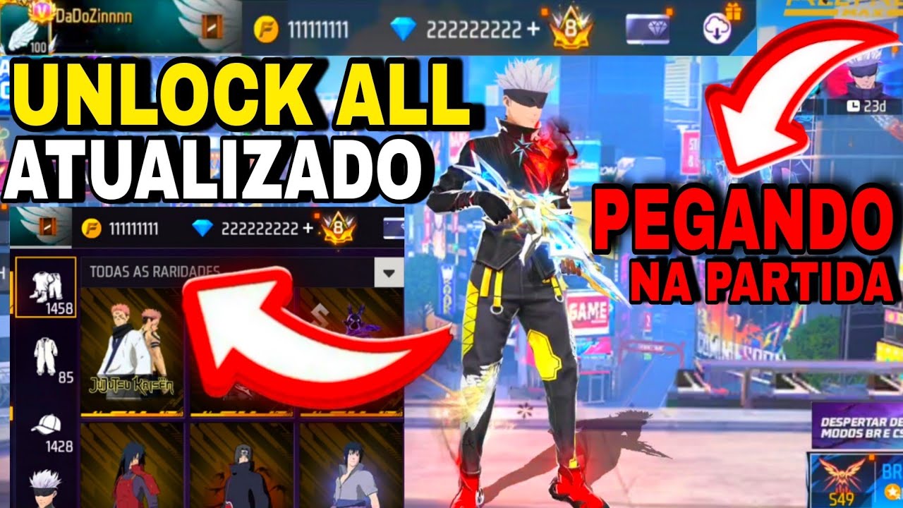 UNLOCK ALL ATUALIZADO FREE FIRE 😈 PEGANDO NA PARTIDA E ENVIANDO PRESENTE COM SKINS LIBERADAS