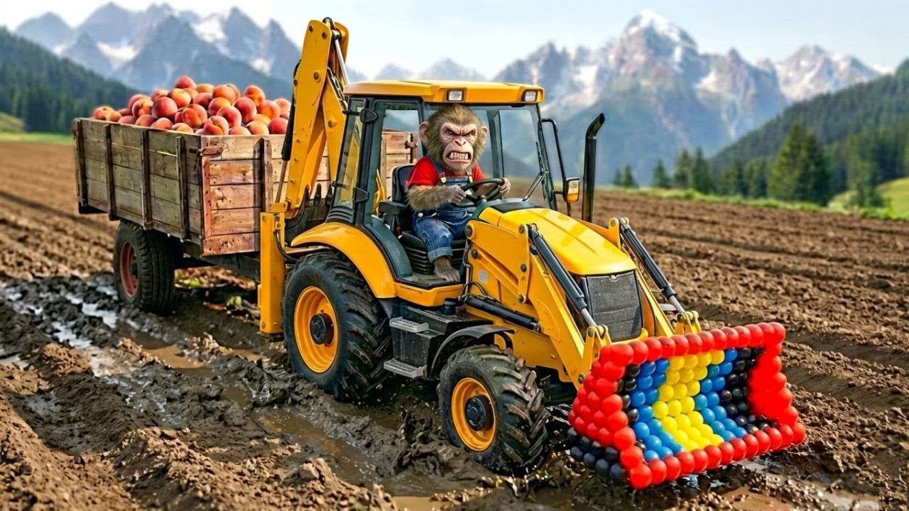 Monkey Nana the JCB Tractor Excavator to Rescue His Tractor After His Fell Into a Big Hole JCB